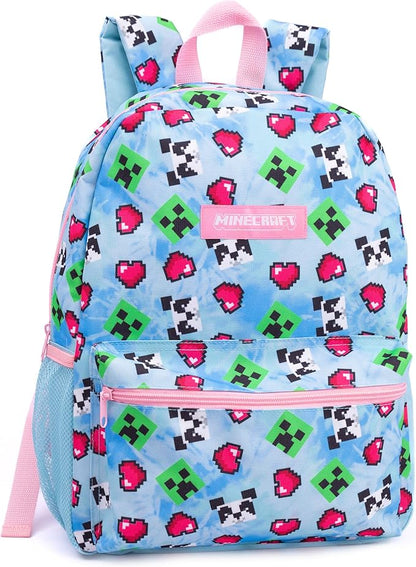 Minecraft Backpack and Lunch Box Set for Girls | Kids 4 Piece Creeper Panda Hearts Blue School Rucksack, Lunch Bag, Pencil Case, Water Bottle One Size