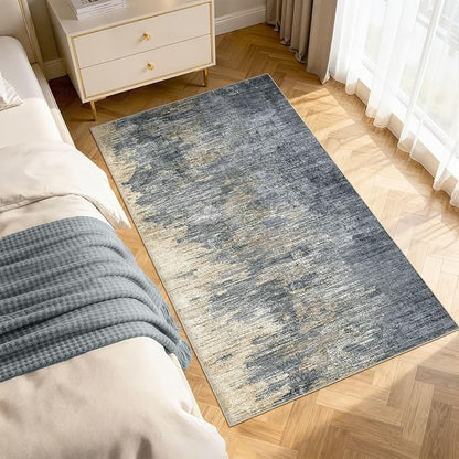 Area Rugs for Living Room: 3x5 Abstract Washable Rug Modern Neutral Large Soft Stain Resistant Non-Slip Backing Machine Table for Bedroom Dining Room Indoor Home Office Carpet - Blue Gold