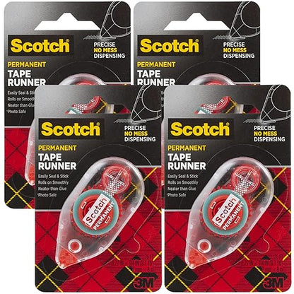 Scotch 6061 Scotch Double Sided Adhesive Roller Tape Runner, Permanent, Acid-Free, Photo-Safe Adhesive for Scrapbooking, Photo Mounting, and Crafts, 0.27 in x 26 ft per Roller, Pack of 4