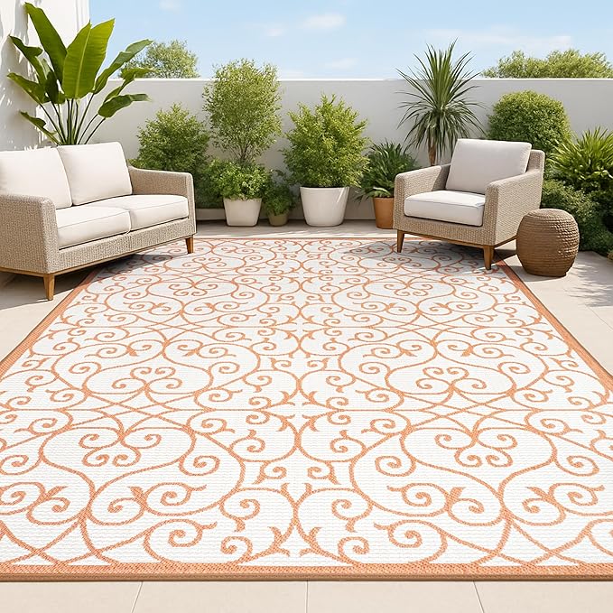 JONATHAN Y Vintage Filigree Indoor Outdoor Area Rug 4X6 Cream/Orange, Madrid Textured Weave for Backyard, Patio, Porch, Easy-Cleaning, High Traffic, Pet-Friendly, Non-Shedding (SMB107L-4)