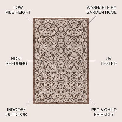 JONATHAN Y Vintage Filigree Indoor Outdoor Area Rug 6X9 Taupe/Espresso, Madrid Textured Weave for Backyard, Patio, Porch, Easy-Cleaning, High Traffic, Pet-Friendly, Non-Shedding (SMB107C-6)