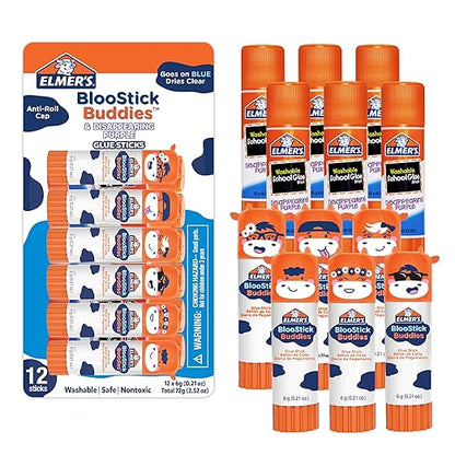 Elmer's Glue Sticks Combo Pack, BlooStick Buddies & Disappearing Purple, 6 Grams, 12 Count - Kids School Supplies, Arts & Crafts, #1 Teacher Brand