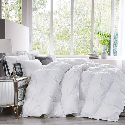 Luxurious All-Season Goose Down Fiber Waterfowl Feather Fiber Comforter King Size Duvet Insert, Exquisite Pinch Pleat Design, Premium Baffle Box, 100% Cotton Cover, 65 oz. Fill Weight, White Color