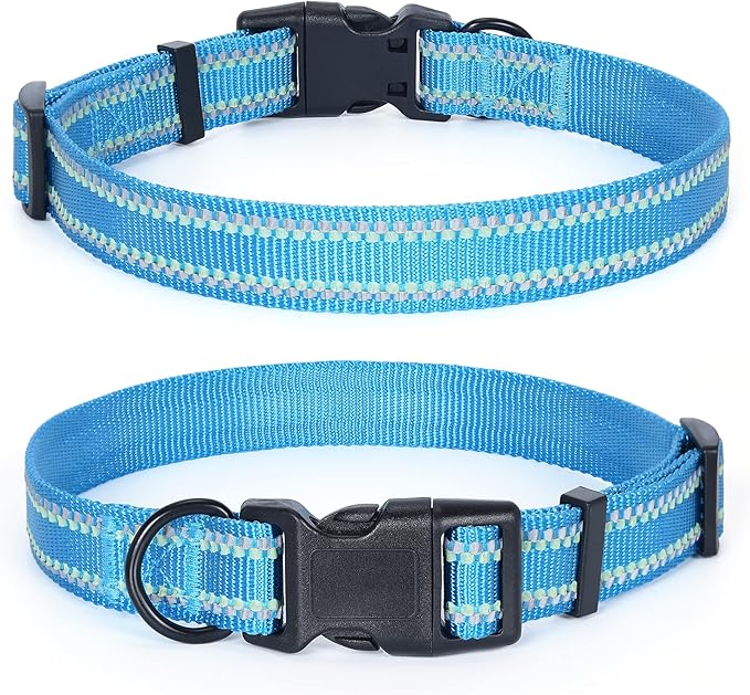 Mile High Life Reflective Dog Collar, Basic Dog Collars Adjustable Quick Release, Soft Nylon Pet Collar with Metal D-Ring for Small Medium Large Dogs (Hot Blue, S Neck11-15")