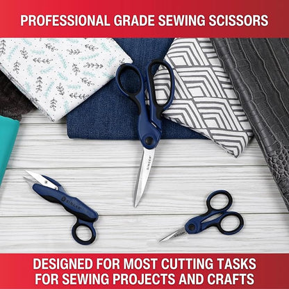 SINGER ProSeries Sewing Scissors Bundle: 8.5" Heavy Duty Fabric, 4.5" Detail Embroidery, 5" Thread Snips With Comfort Grip (Dark Blue)