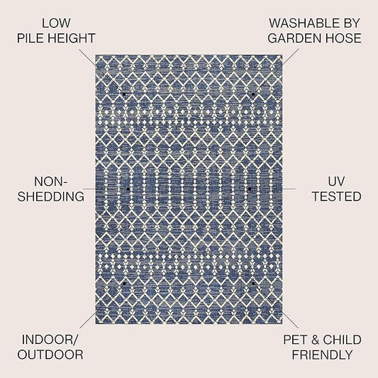 JONATHAN Y Moroccan Geometric Indoor Outdoor Round Area Rug 8 Ft Navy/Beige, Ourika Textured Weave for Backyard, Patio, Porch, Easy-Cleaning, High Traffic, Pet-Friendly, Non-Shedding (SMB108K-8R)