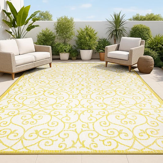 JONATHAN Y Vintage Filigree Indoor Outdoor Area Rug 9X12 Cream/Yellow, Madrid Textured Weave for Backyard, Patio, Porch, Easy-Cleaning, High Traffic, Pet-Friendly, Non-Shedding (SMB107D-9)