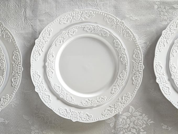 " OCCASIONS " 50 Plates Pack (25 Guests) Vintage Wedding Party Disposable Plastic Plate Set -25x10.25'' Dinner +25x7.5'' Salad/Dessert plates (Portofino Plain White)