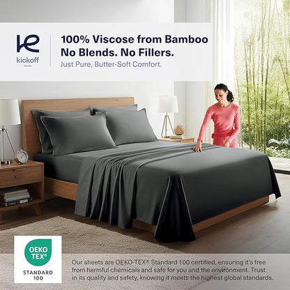 Kickoff Viscose Bamboo Sheets Twin Size 3-pc 100% Organic Bamboo Viscose Bed Cooling Sheets Twin Size Set Cool Bedding for hot Sleepers Sheet, Flat, Fitted, Pillowcase (Pewter, T)