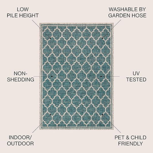 JONATHAN Y Moroccan Trellis Indoor Outdoor Square Area Rug 6X6 Teal/Gray, Trebol Textured Weave for Backyard, Patio, Porch, Easy-Cleaning, High Traffic, Pet-Friendly, Non-Shedding (SMB109E-6SQ)