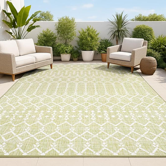 JONATHAN Y Moroccan Geometric Indoor Outdoor Area Rug 8X10 Light Green/Cream, Ourika Textured Weave for Backyard, Patio, Porch, Easy-Cleaning, High Traffic, Pet-Friendly, Non-Shedding (SMB108N-8)