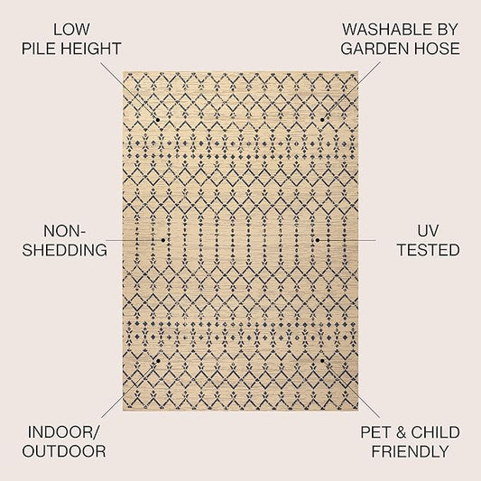 JONATHAN Y Moroccan Geometric Indoor Outdoor Round Area Rug 5 Ft Beige/Navy, Ourika Textured Weave for Backyard, Patio, Porch, Easy-Cleaning, High Traffic, Pet-Friendly, Non-Shedding (SMB108H-5R)