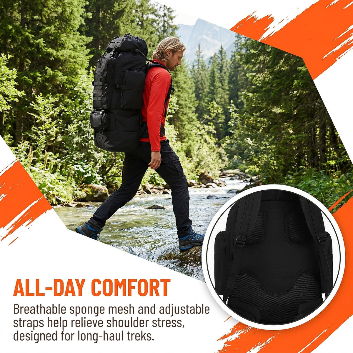 Goaste 100L Camping Hiking Backpack, Molle Military Tactical Rucksack, Waterproof Large Travel Daypack, Adjustable Survival Hunting Sports Bag for Men and Women Hiking, Camping, Touring(Black)