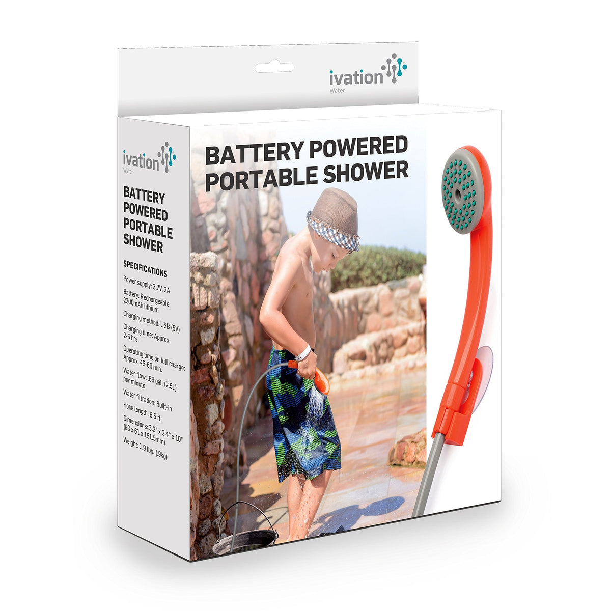 Ivation Portable Outdoor Shower, Battery Powered, Water Pump, Rechargeable