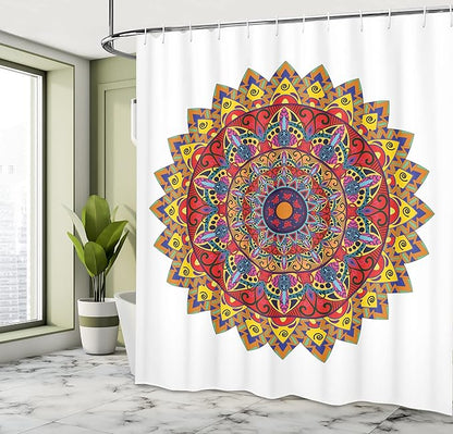 Ambesonne Ethnic Shower Curtain, Bohemic Hippie Design with Geometric Oriental Shapes Image Print, Cloth Fabric Bathroom Decor Set with Hooks, 69" W x 70" L, White