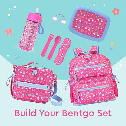 Bentgo® Kids Prints 5-Compartment Bento-Style Kids Lunch Box Set with Reusable Plastic Utensils (Rainbows and Butterflies)