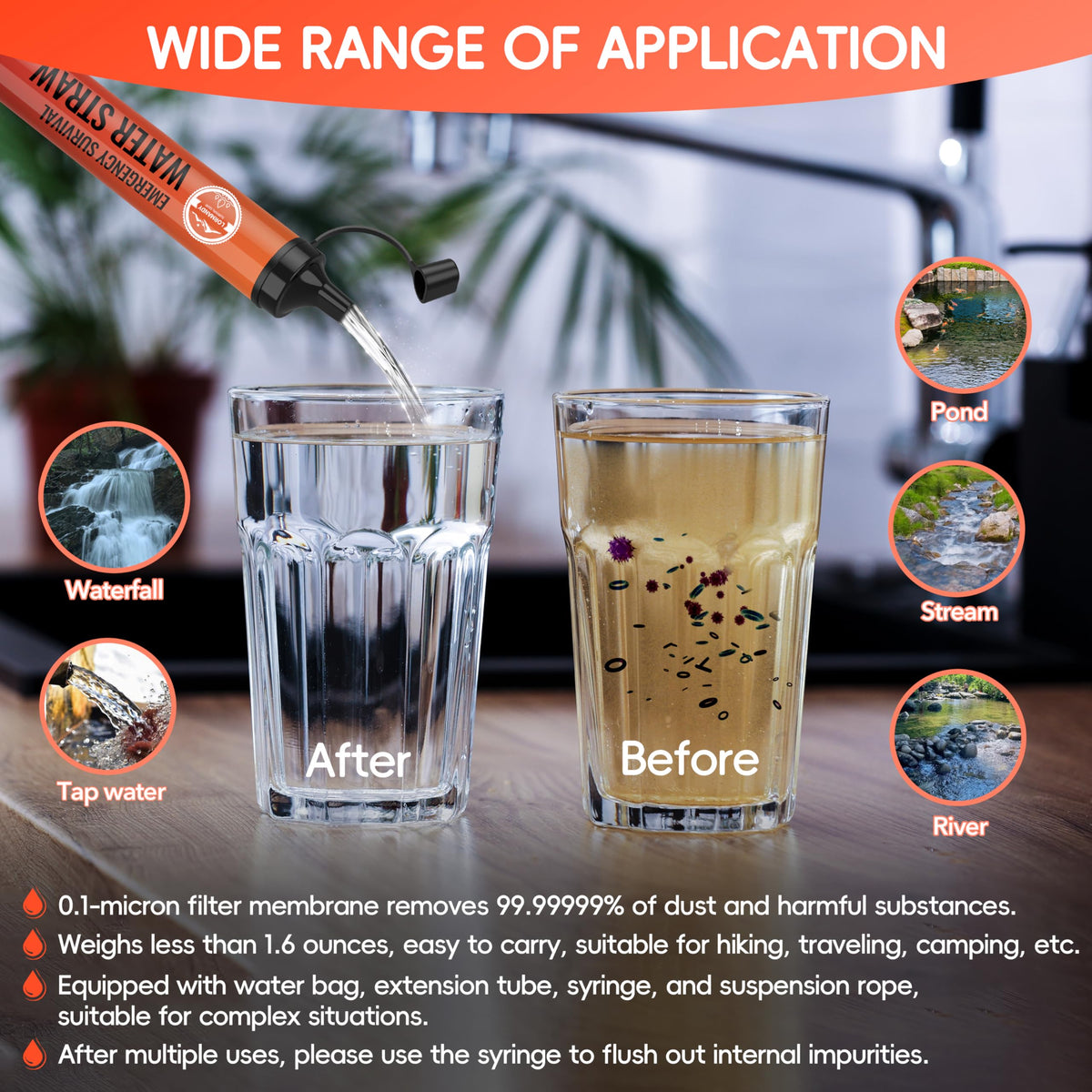 Lormandy Straw Water Filter 8 Pack - Outdoor Camping & Hiking Survival Gear