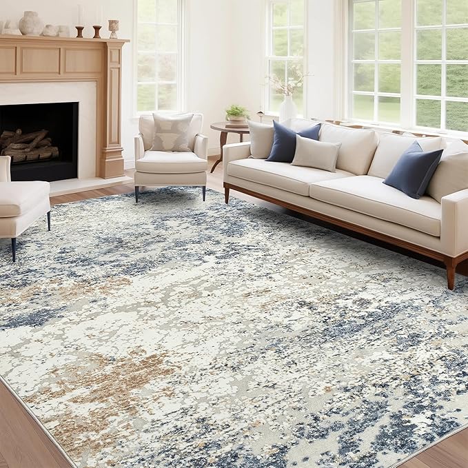 Art&Tuft Washable Rugs 7x9, Anti-Slip Backing Abstract Area Rug 7x9, Stain Resistant Rugs for Living Room, Foldable Machine Washable Area Rug(TPR18-Navy, 7'x9')