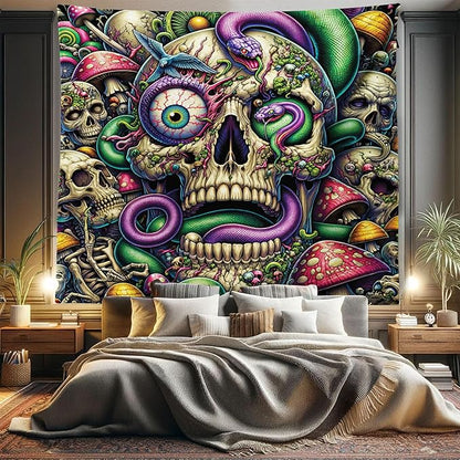 Ambesonne Trippy Tapestry King Size, Spooky Artwork of Psychedelic Snake Mushroom Huddles Skulls Monster Eye, Wall Hanging Bedspread Bed Cover Wall Decor, 104" X 88", Green Purple Pale Khaki