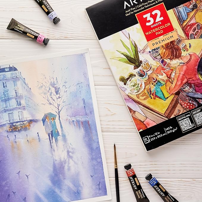 ARTEZA Watercolor Paper, 32 Sheets Each, 9x12 Inch Water Color Paper, 140lb/300gsm, Cold Press, Acid Free Art Paper