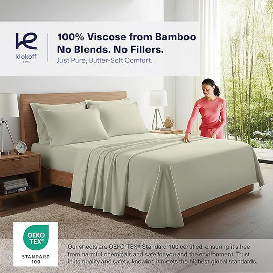 Kickoff Viscose Bamboo Sheets Queen Size 4-pc 100% Organic Bamboo Viscose Bed Cooling Sheets Queen Size Set Cool Bedding for hot Sleepers Sheet, Flat, Fitted, Pillowcases (Soft Sage, Q)