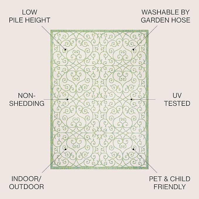 JONATHAN Y Vintage Filigree Indoor Outdoor Area Rug 8X10 Cream/Green, Madrid Textured Weave for Backyard, Patio, Porch, Easy-Cleaning, High Traffic, Pet-Friendly, Non-Shedding (SMB107J-8)