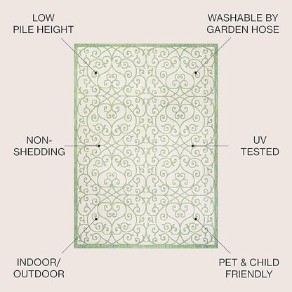 JONATHAN Y Vintage Filigree Indoor Outdoor Area Rug 8X10 Cream/Green, Madrid Textured Weave for Backyard, Patio, Porch, Easy-Cleaning, High Traffic, Pet-Friendly, Non-Shedding (SMB107J-8)