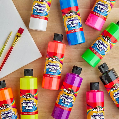Cra-Z-Art POP! Neon Washable Tempera Paint For Kids Bulk Pack 10ct, Assorted Fluorescent Colors Tempera Paint Set 8oz each bottle, Back To School Teachers Supplies