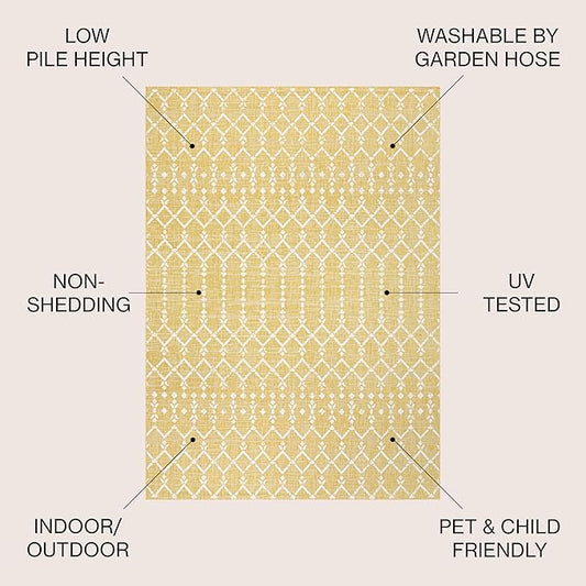 JONATHAN Y Moroccan Geometric Indoor Outdoor Round Area Rug 5 Ft Yellow/Cream, Ourika Textured Weave for Backyard, Patio, Porch, Easy-Cleaning, High Traffic, Pet-Friendly, Non-Shedding (SMB108G-5R)