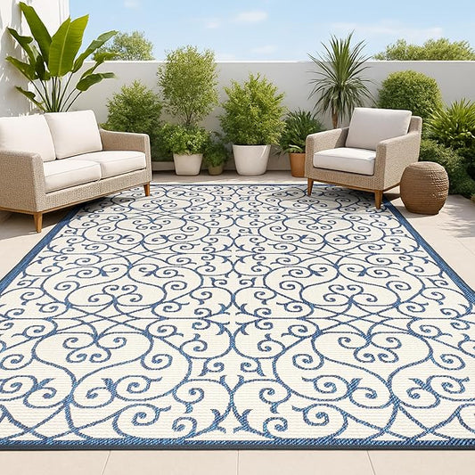 JONATHAN Y Vintage Filigree Indoor Outdoor Area Rug 4X6 Navy/Beige, Madrid Textured Weave for Backyard, Patio, Porch, Easy-Cleaning, High Traffic, Pet-Friendly, Non-Shedding (SMB107G-4)