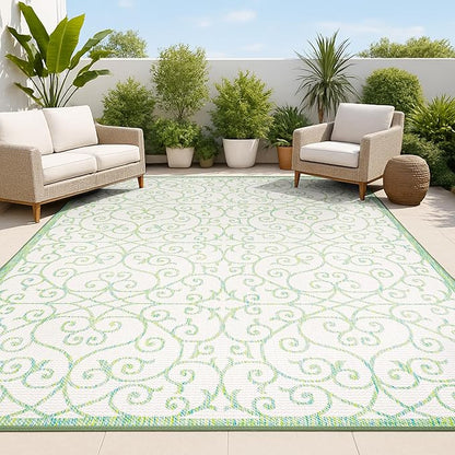 JONATHAN Y Vintage Filigree Indoor Outdoor Area Rug 8X10 Cream/Green, Madrid Textured Weave for Backyard, Patio, Porch, Easy-Cleaning, High Traffic, Pet-Friendly, Non-Shedding (SMB107J-8)