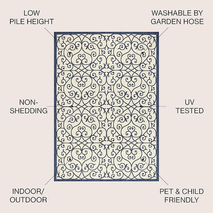 JONATHAN Y Vintage Filigree Indoor Outdoor Area Rug 4X6 Navy/Beige, Madrid Textured Weave for Backyard, Patio, Porch, Easy-Cleaning, High Traffic, Pet-Friendly, Non-Shedding (SMB107G-4)