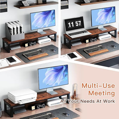 Dual Monitor Stand Riser, Wood and Steel Monitor Riser, Long Computer Monitor Stands for 2 Monitors, Desk Shelf for Computer, Laptop, Printer, TV, Brown