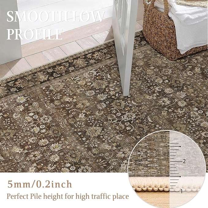 HUGEAR Round Rug 6ft Entryway Rugs Machine Washable Brown Hallway Area Rug 6x6 Large Circle Accent Rug Floral Low Pile Carpet Soft Throw Rug Living Room Office Laundry Room Entrance Non Slip