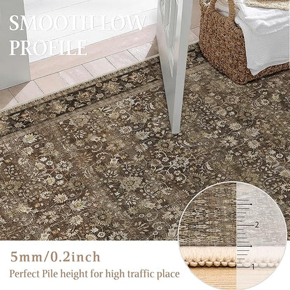 HUGEAR Round Rug 6ft Entryway Rugs Machine Washable Brown Hallway Area Rug 6x6 Large Circle Accent Rug Floral Low Pile Carpet Soft Throw Rug Living Room Office Laundry Room Entrance Non Slip