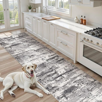 Area Rugs for Living Room: Abstract Washable Rug Modern Neutral Large Soft Stain Resistant Non-Slip Backing Machine Table for Bedroom Dining Room Indoor Home Office Carpet - 3x14 Black Grey