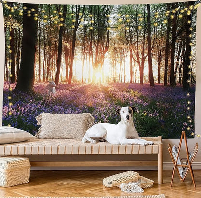 Ambesonne Forest Tapestry, Bluebell Woods Sunrise with White Rabbit Sunny Spring Day in Woodland, Fabric Wall Hanging Decor for Bedroom Living Room Dorm, 30" X 45", Purple Green