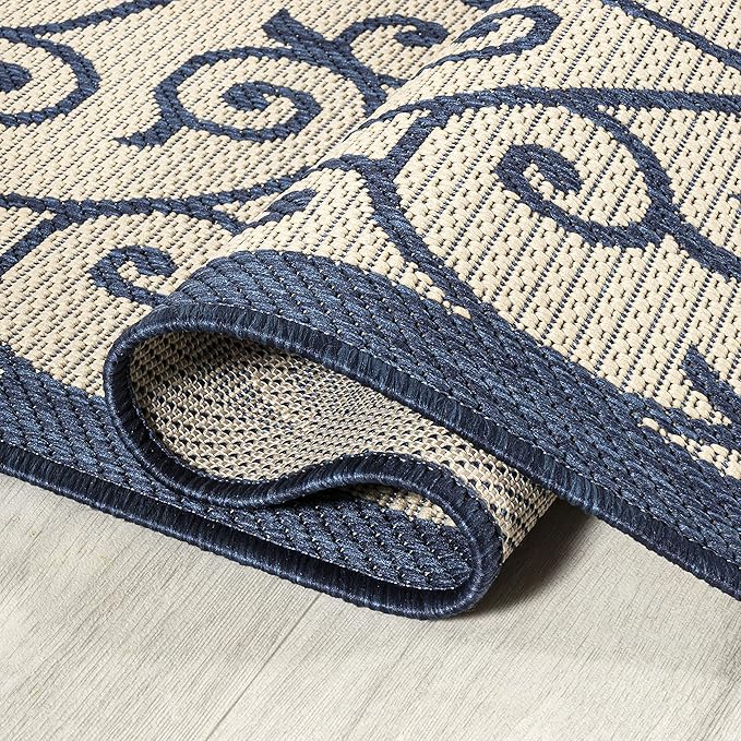 JONATHAN Y Vintage Filigree Indoor Outdoor Area Rug 4X6 Navy/Beige, Madrid Textured Weave for Backyard, Patio, Porch, Easy-Cleaning, High Traffic, Pet-Friendly, Non-Shedding (SMB107G-4)