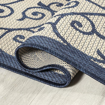 JONATHAN Y Vintage Filigree Indoor Outdoor Area Rug 4X6 Navy/Beige, Madrid Textured Weave for Backyard, Patio, Porch, Easy-Cleaning, High Traffic, Pet-Friendly, Non-Shedding (SMB107G-4)