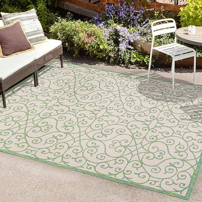 JONATHAN Y Vintage Filigree Indoor Outdoor Area Rug 8X10 Cream/Green, Madrid Textured Weave for Backyard, Patio, Porch, Easy-Cleaning, High Traffic, Pet-Friendly, Non-Shedding (SMB107J-8)