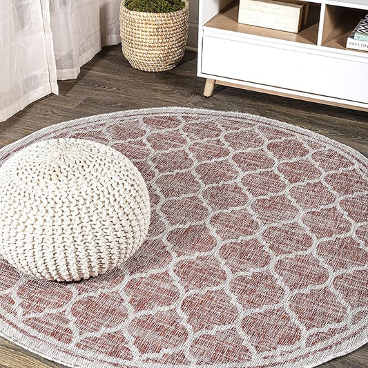 JONATHAN Y Moroccan Trellis Indoor Outdoor Round Area Rug 9 Ft Red/Beige, Trebol Textured Weave for Backyard, Patio, Porch, Easy-Cleaning, High Traffic, Pet-Friendly, Non-Shedding (SMB109C-9R)