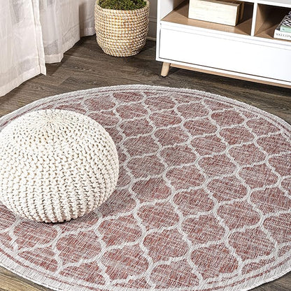 JONATHAN Y Moroccan Trellis Indoor Outdoor Round Area Rug 8 Ft Red/Beige, Trebol Textured Weave for Backyard, Patio, Porch, Easy-Cleaning, High Traffic, Pet-Friendly, Non-Shedding (SMB109C-8R)