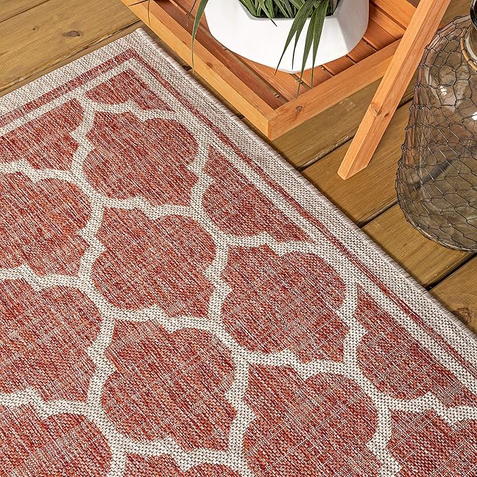 JONATHAN Y Moroccan Trellis Indoor Outdoor Round Area Rug 8 Ft Red/Beige, Trebol Textured Weave for Backyard, Patio, Porch, Easy-Cleaning, High Traffic, Pet-Friendly, Non-Shedding (SMB109C-8R)