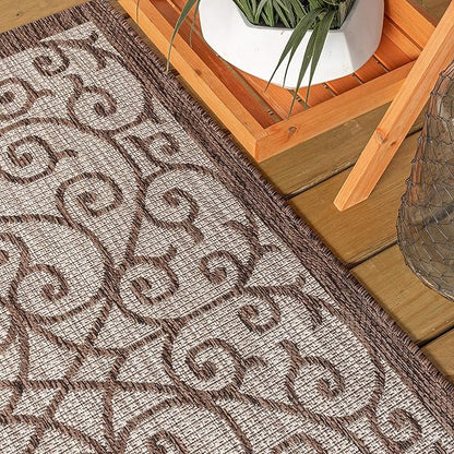 JONATHAN Y Vintage Filigree Indoor Outdoor Area Rug 6X9 Taupe/Espresso, Madrid Textured Weave for Backyard, Patio, Porch, Easy-Cleaning, High Traffic, Pet-Friendly, Non-Shedding (SMB107C-6)