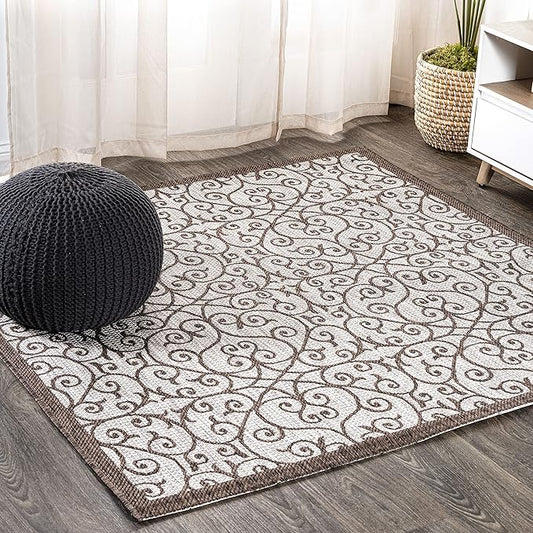 JONATHAN Y Vintage Filigree Indoor Outdoor Square Area Rug 9X9 Taupe/Espresso, Madrid Textured Weave for Backyard, Patio, Porch, Easy-Cleaning, High Traffic, Pet-Friendly, Non-Shedding (SMB107C-9SQ)