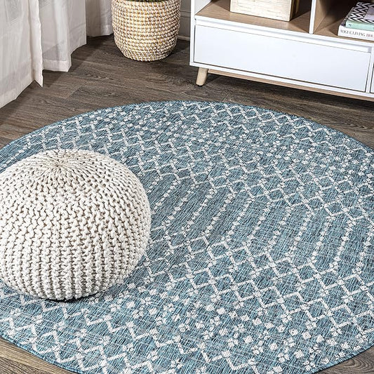 JONATHAN Y Moroccan Geometric Indoor Outdoor Round Area Rug 9 Ft Teal/Gray, Ourika Textured Weave for Backyard, Patio, Porch, Easy-Cleaning, High Traffic, Pet-Friendly, Non-Shedding (SMB108C-9R)