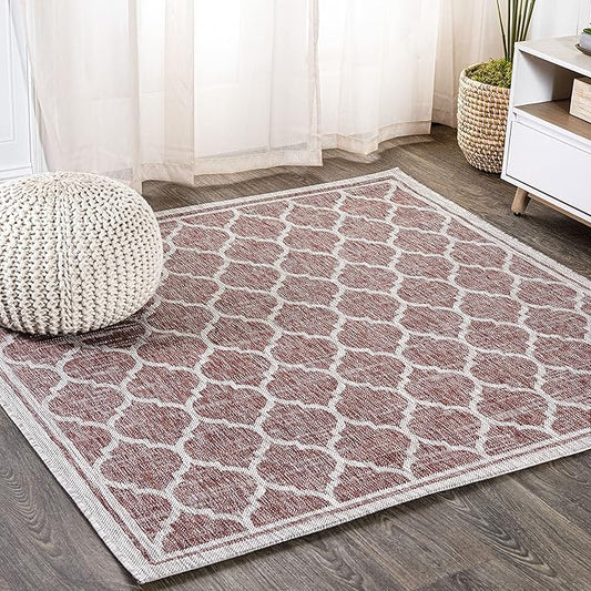 JONATHAN Y Moroccan Trellis Indoor Outdoor Square Area Rug 6X6 Red/Beige, Trebol Textured Weave for Backyard, Patio, Porch, Easy-Cleaning, High Traffic, Pet-Friendly, Non-Shedding (SMB109C-6SQ)