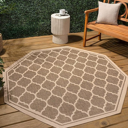 JONATHAN Y Moroccan Trellis Indoor Outdoor Octagon Area Rug 5 Ft Brown/Beige, Trebol Textured Weave for Backyard, Patio, Porch, Easy-Cleaning, High Traffic, Pet-Friendly, Non-Shedding (SMB109A-5TGN)