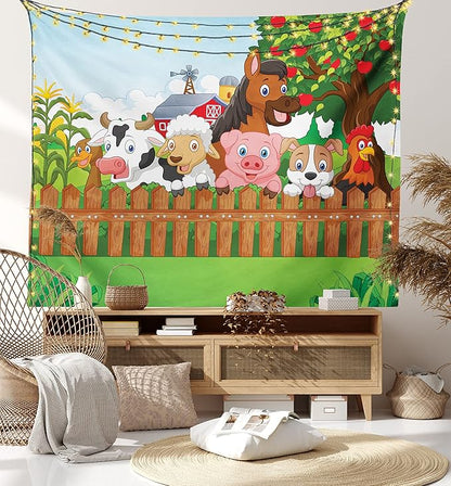Ambesonne Cartoon Tapestry King Size, Composition Farm Animals on Fence Comic Mascots Dog Cow Horse Design, Wall Hanging Bedspread Bed Cover Wall Decor, 104" X 88", Green Multicolor