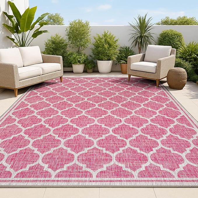 JONATHAN Y Moroccan Trellis Indoor Outdoor Area Rug 5X8 Fuchsia/Light Gray, Trebol Textured Weave for Backyard, Patio, Porch, Easy-Cleaning, High Traffic, Pet-Friendly, Non-Shedding (SMB109H-5)